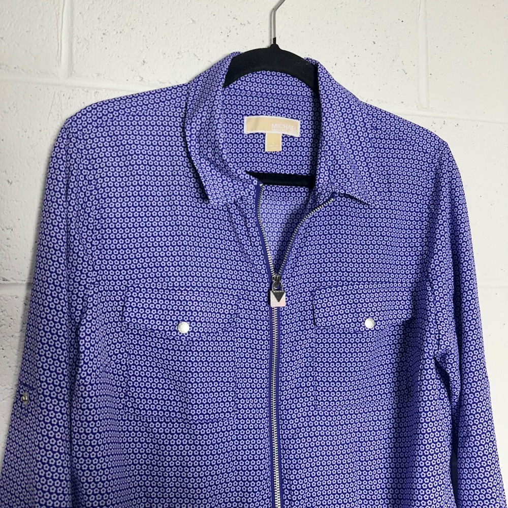 Michael Kors Purple Floral Geometric Zip‎ Front Roll Tab Sleeve Blouse Large